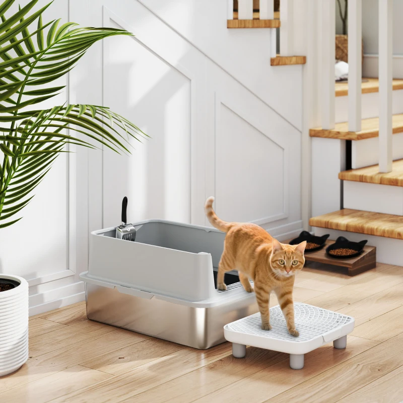 PawHut Extra Large Stainless Steel Cat Litter Box with Scoop & Pad, Anti-Urine Leakage, Easy Cleaning, Non-Sticky