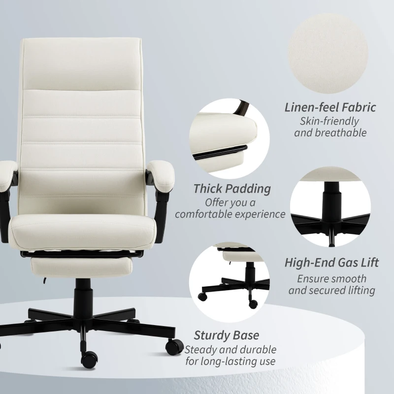 Vinsetto Office Chair, High Back Desk Chair, Swivel Recliner with Adjustable Height, Footrest and Padded Armrest, Cream White