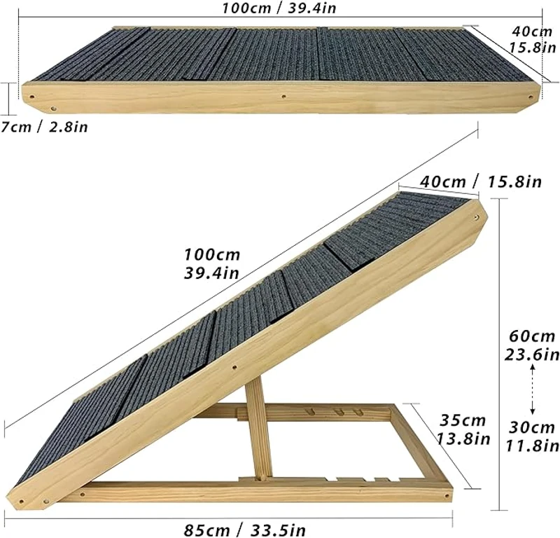 Dog Ramp with Extra Wide Non-Slip Rubber Surface, Foldable Pet Ramp for Bed, Adjustable Solid Wood Design, 39.5″ L x 16″ W x 23.5″ H, Natural