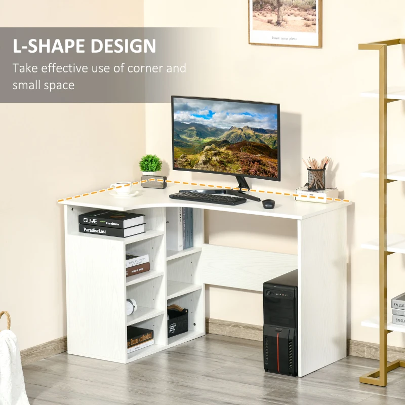 HOMCOM 47.25" L-Shaped Computer Desk, Writing Desk, Corner Desk with Storage Shelves for Home Office, Study, White