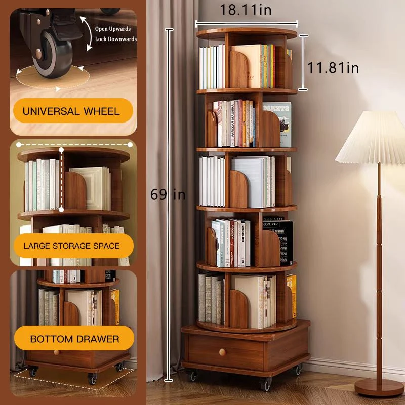 6-Tier Rotating Bookshelf with Wheels, 360° Display Corner Bookcase, Wood Organizer for Study Room, 18″ L x 18″ W x 69″ H, Walnut Brown