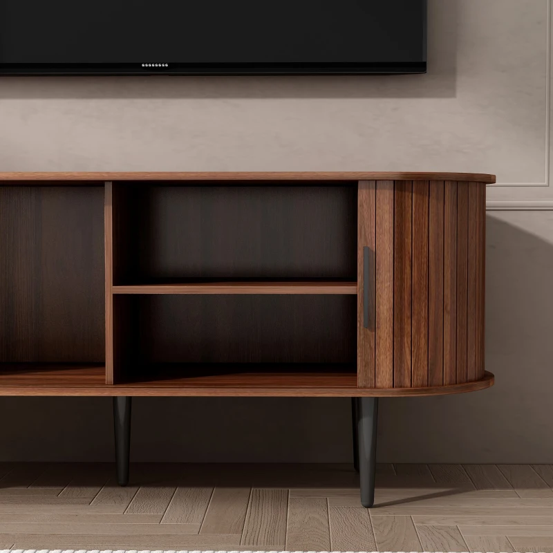 47" Modern TV Stand with Sliding Door, Gaming Entertainment Center with Storage Compartment and Cabinet, 47" L x 16" W x 21.5" H, Walnut