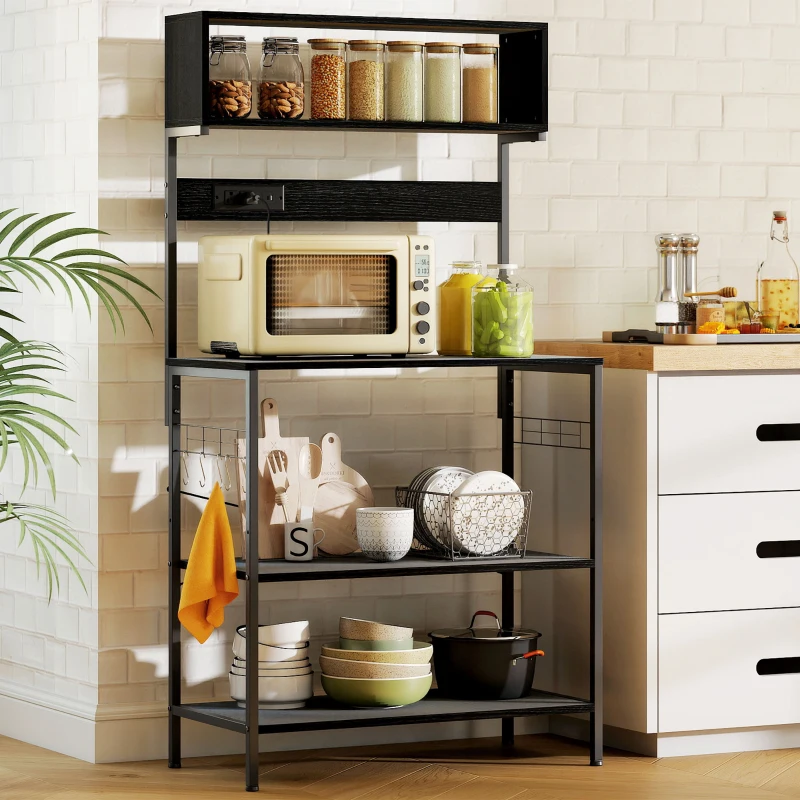 HOMCOM Baker's Rack with Charing Station, Microwave Shelf with Power Outlet, USB Charger and 5 Hooks, Black