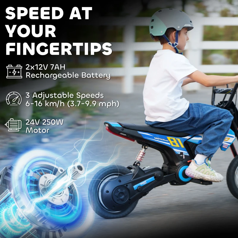 Qaba 24V Kids Motorcycle, Electric Dirt Bike with 250W Motor, Up to 9.9 MPH, 12" Inflatable Tires and Rear Suspension, Blue