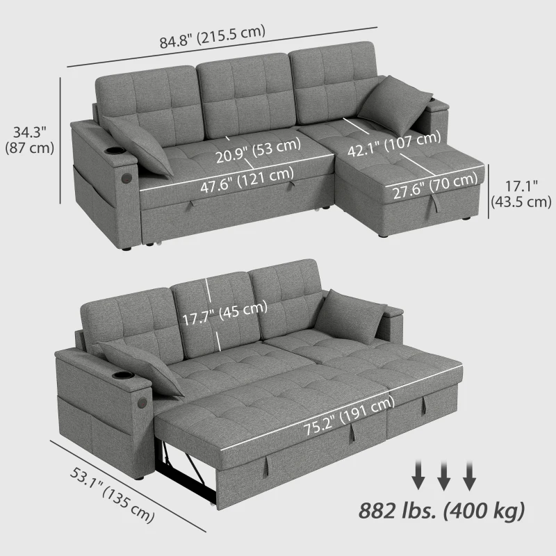 HOMCOM Convertible Sectional Sofa Bed, Pull Out Sleeper Sofa Couch with USB‑A+C, Chaise Storage, L-Shaped Futon Couch, Grey