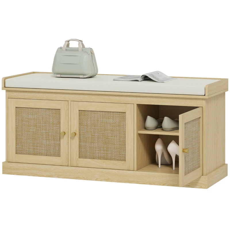 HOMCOM Shoe Storage Bench with Woven Rattan Doors, Shoe Bench with Cushion, Adjustable Shelves, Entryway Bench, Oak Tone