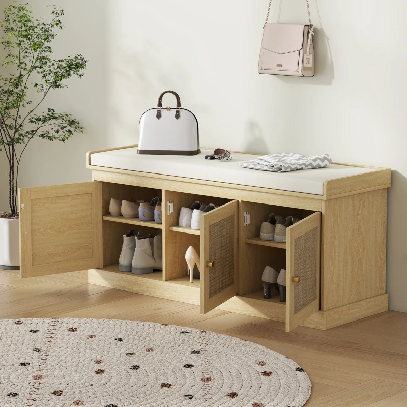 HOMCOM Shoe Storage Bench with Woven Rattan Doors, Shoe Bench with Cushion, Adjustable Shelves, Entryway Bench, Oak Tone