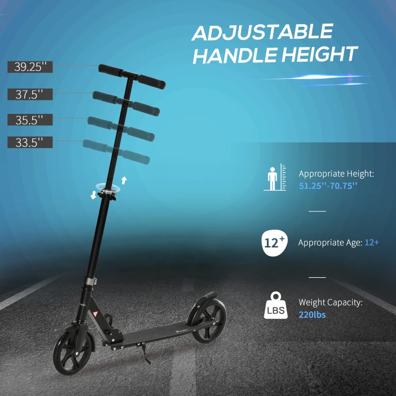 Soozier Kick Scooter for 12 Years and Up, Folding Scooter with 3-Level Height Adjustable Handlebar, Big Wheels and Rear Wheel Brake, Black