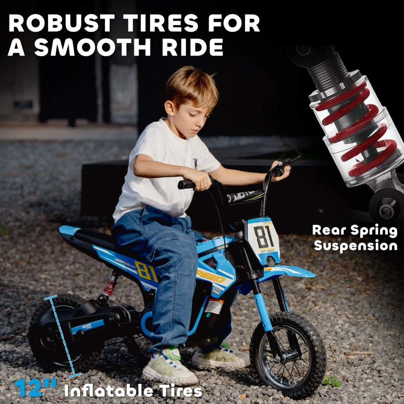 Qaba 24V Kids Motorcycle, Electric Dirt Bike with 250W Motor, Up to 9.9 MPH, 12" Inflatable Tires and Rear Suspension, Blue