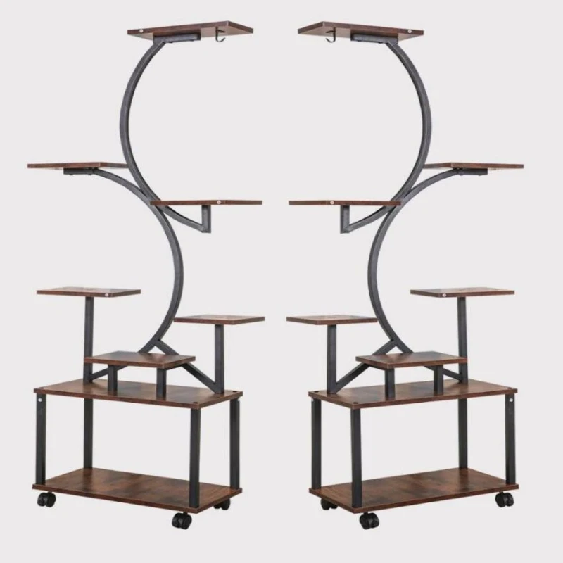 8-Tier Indoor Plant Stand with Grow Lights, Metal Plant Shelf, S-Shaped Design for Home and Patio, 19.5" L x 10" W x 61" H, Black+Dark Walnut