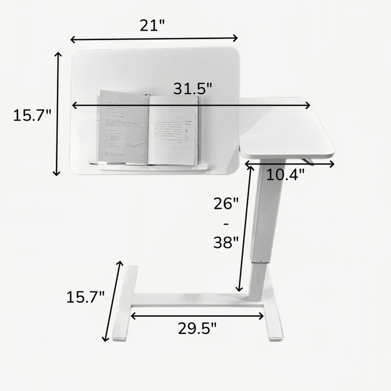 Overbed Bedside Desk with Tilting Tray, Mobile Rolling Laptop Stand, Height Adjustable Table with Wheels, 31.5″ L x 16″ W x 38″ H, White