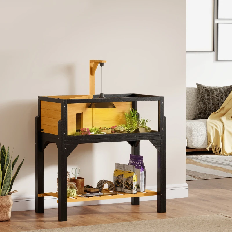 PawHut Wooden Tortoise Habitat with Storage Shelf, Tortoise Enclosure with Clear Windows, Openable Top, Lamp Holder, Yellow
