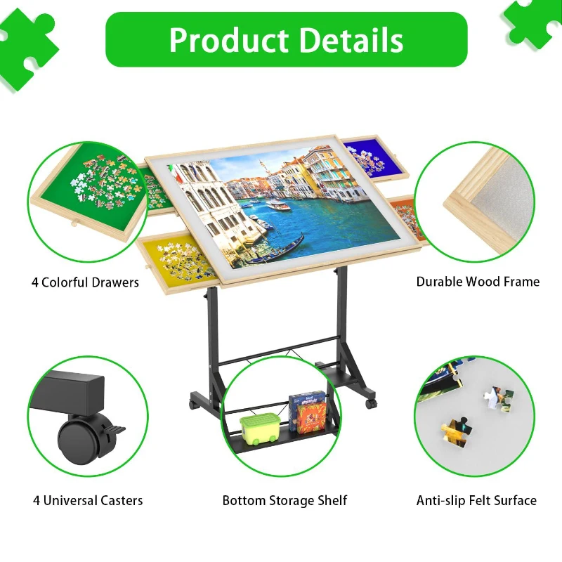 Wooden 1500 Piece Puzzle Table with Drawer, Adjustable Height, Rolling Puzzle Table with Wheels, 35" L x 27" W x 37.5" H, Black+Natural