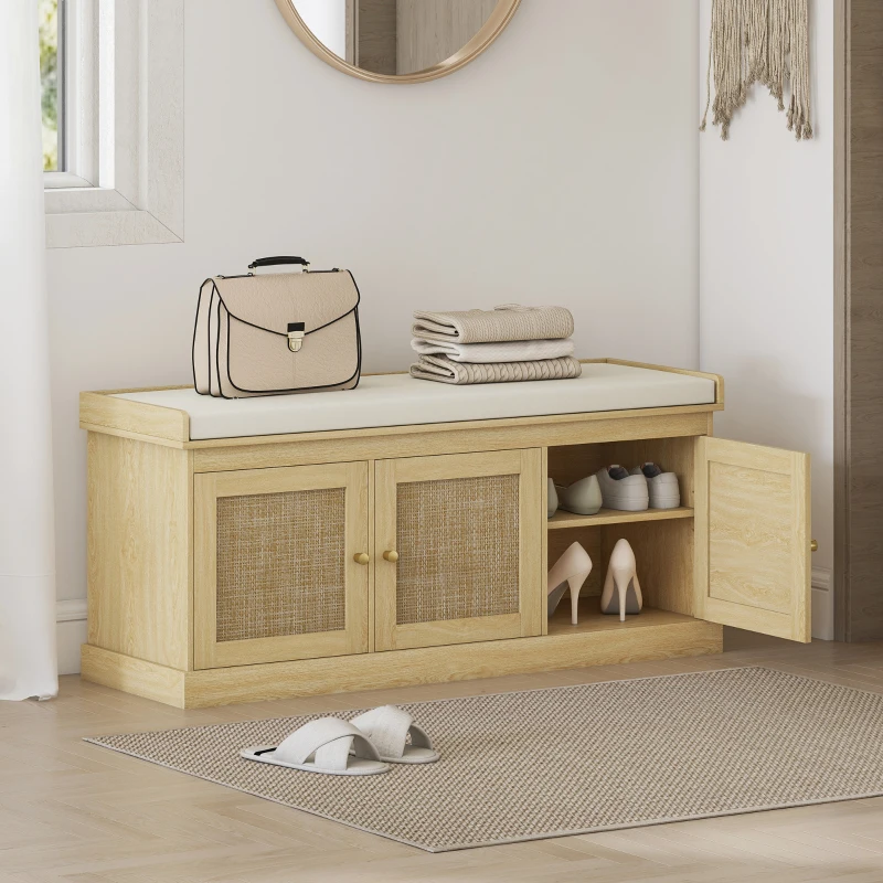 HOMCOM Shoe Storage Bench with Woven Rattan Doors, Shoe Bench with Cushion, Adjustable Shelves, Entryway Bench, Oak Tone