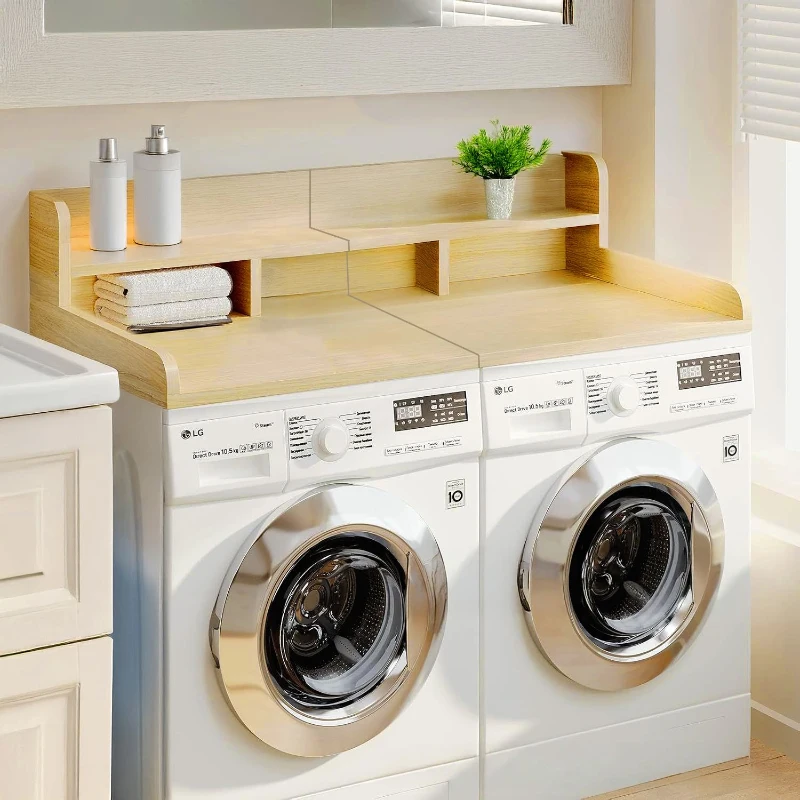Practical Washer Dryer Countertop with Non-slip Pads, Wood Shelf Topper with Edge, Double Layer Organizer, 54" L x 27.5" W x 12" H, Oak