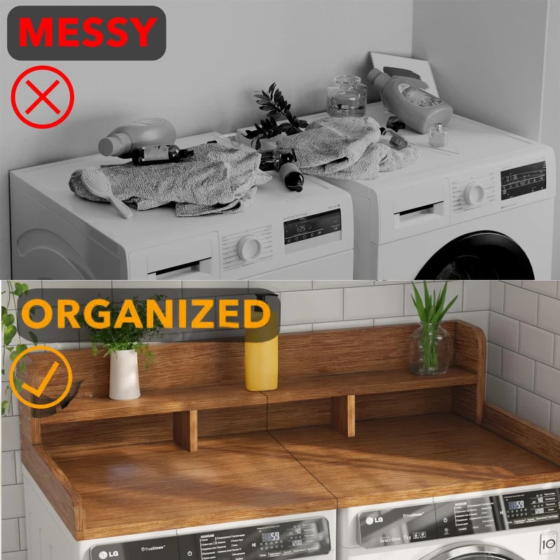 Practical Washer Dryer Countertop with Non-slip Pads, Double Layer Laundry Wood Shelf Topper with Edge, 54" L x 27.5" W x 12" H, Walnut