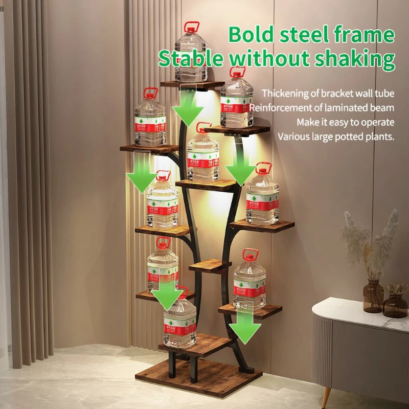 Indoor Plant Stand with Adjustable Grow Lights, Metal Vase-Shaped Plant Holder for Patio, 21.5″ L x 10″ W x 64.5″ H, Black+Dark Walnut