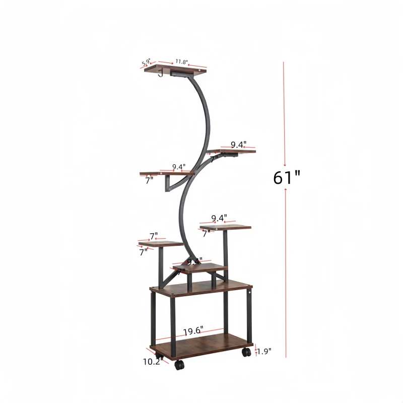 8-Tier Indoor Plant Stand with Grow Lights, Metal Plant Shelf, S-Shaped Design for Home and Patio, 19.5" L x 10" W x 61" H, Black+Dark Walnut