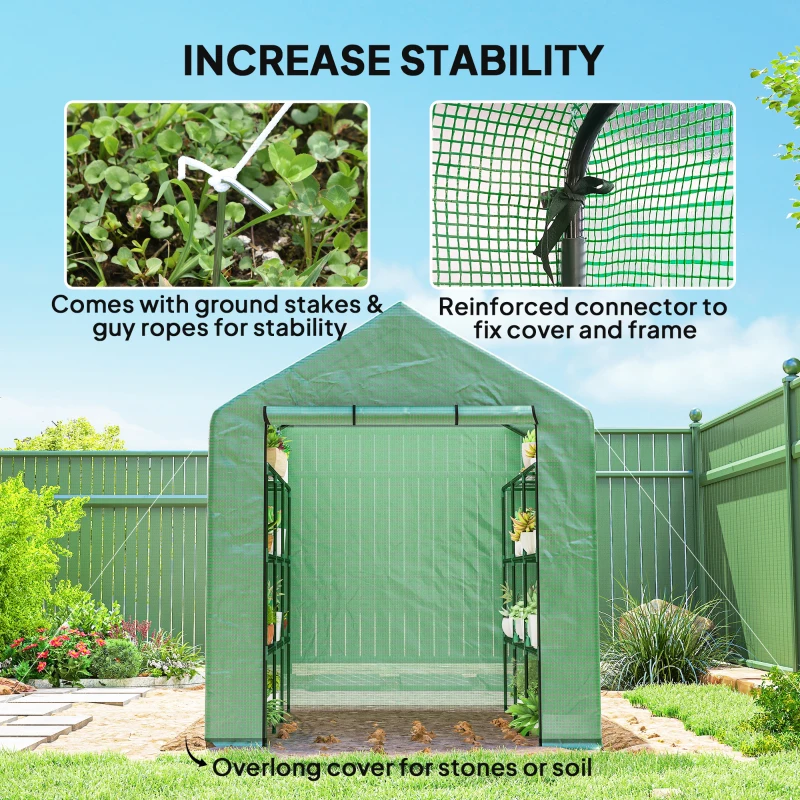 Outsunny Outdoor Walk-in Greenhouse with Roll-up Zipper Door, 18 Shelves, PE Cover, 95.25" x 70.75" x 82.75", Green