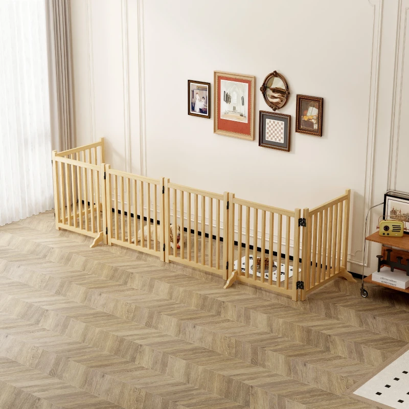 6-Panel Wooden Freestanding Dog Gate, Indoor Pet Fence with Folding Design, No Assembly Required, 144" L x 23.5" W x 31" H, Natural