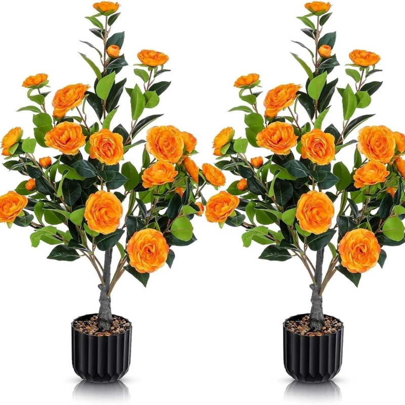 36" Faux Camellia Plant in Pot with Orange Flowers, Artificial Camellia Tree 2-Pack for home or office decor, 26.5" L x 6" W x 36" H, Black+Orange