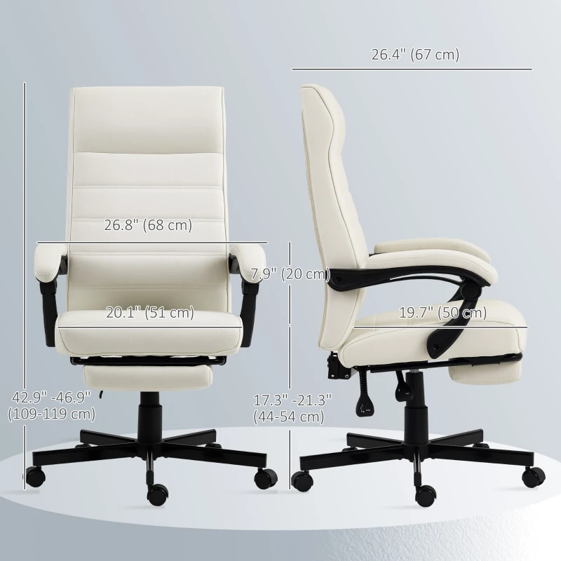 Vinsetto Office Chair, High Back Desk Chair, Swivel Recliner with Adjustable Height, Footrest and Padded Armrest, Cream White