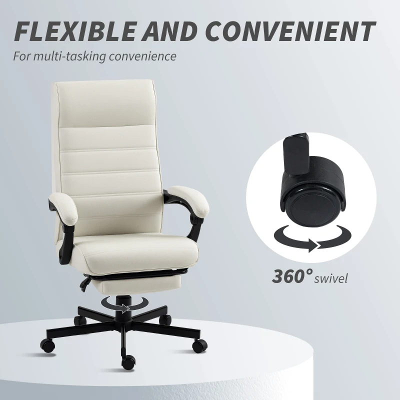 Vinsetto Office Chair, High Back Desk Chair, Swivel Recliner with Adjustable Height, Footrest and Padded Armrest, Cream White