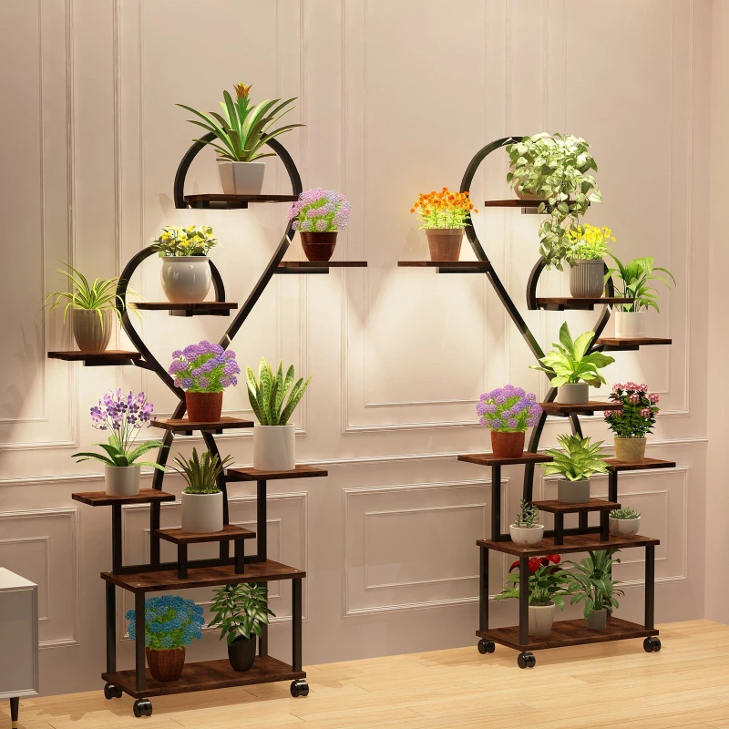 Heart-Shaped Indoor Plant Stand with Grow Lights, S-Shaped Rack for Home and Patio, 35.5″ L x 10″ W x 65″ H, Black+Dark Walnut