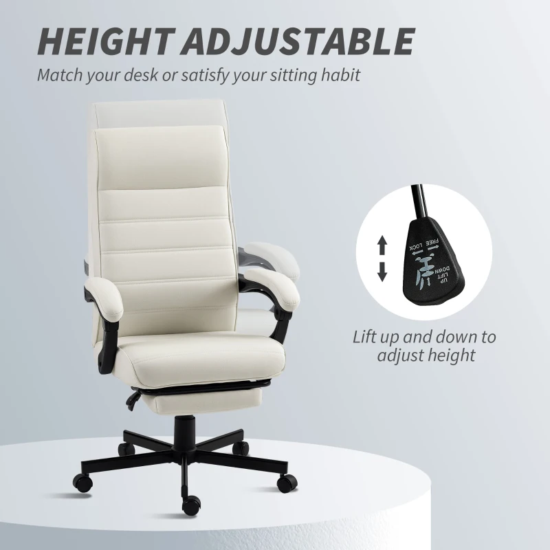 Vinsetto Office Chair, High Back Desk Chair, Swivel Recliner with Adjustable Height, Footrest and Padded Armrest, Cream White