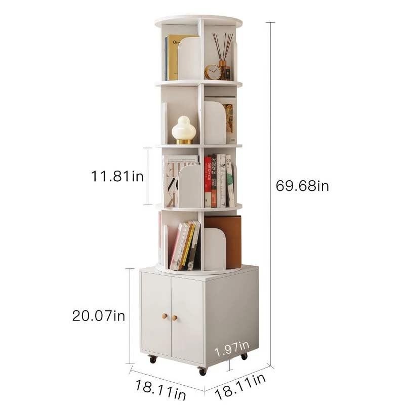 Rotating Bookshelf with Drawer and 360-Degree Display, Book Shelf Organizer for Bedroom, Living Room, 18" L x 18" W x 70" H, White