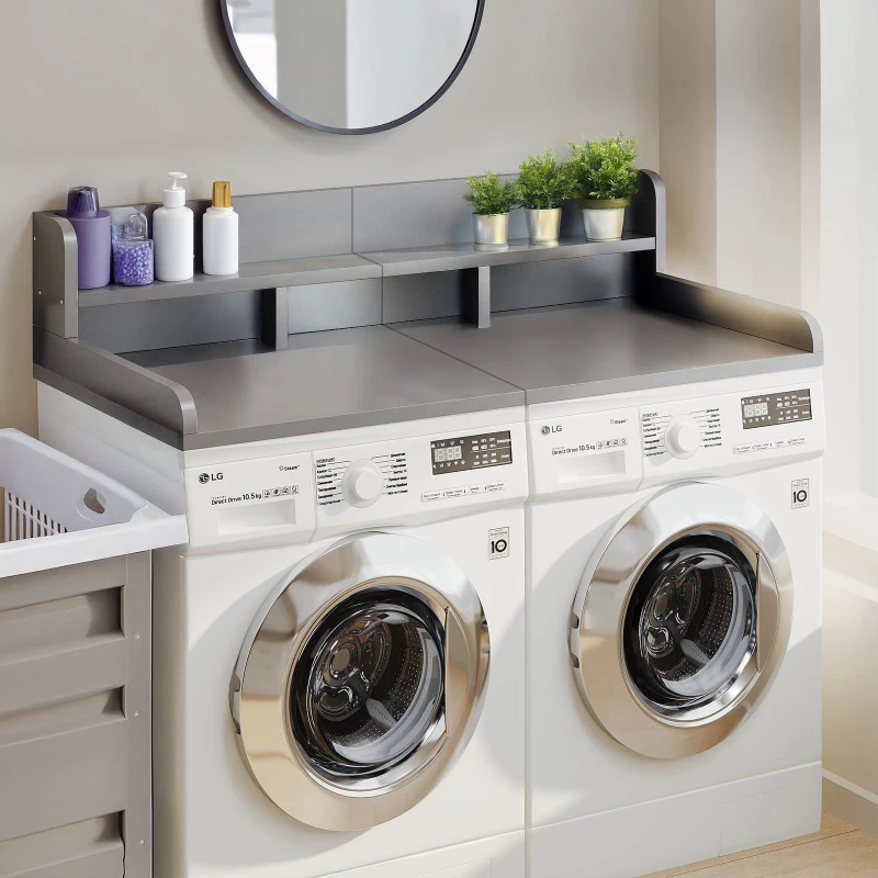 Practical Washer Dryer Countertop with Non-slip Pads, Wood Shelf Topper with Edge, Double Layer Organizer, 54" L x 27.5" W x 12" H, Grey