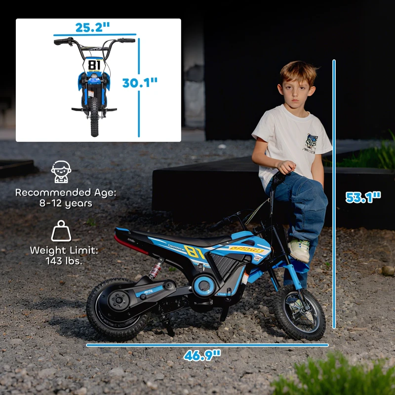 Qaba 24V Kids Motorcycle, Electric Dirt Bike with 250W Motor, Up to 9.9 MPH, 12" Inflatable Tires and Rear Suspension, Blue