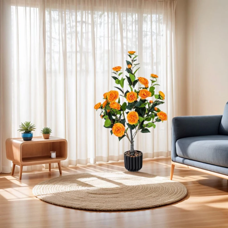 36" Faux Camellia Plant in Pot with Orange Flowers, Artificial Camellia Tree 2-Pack for home or office decor, 26.5" L x 6" W x 36" H, Black+Orange