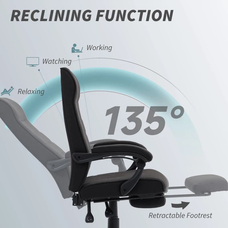 Vinsetto Office Chair, High Back Desk Chair, Swivel Recliner with Adjustable Height, Footrest and Padded Armrest, Black