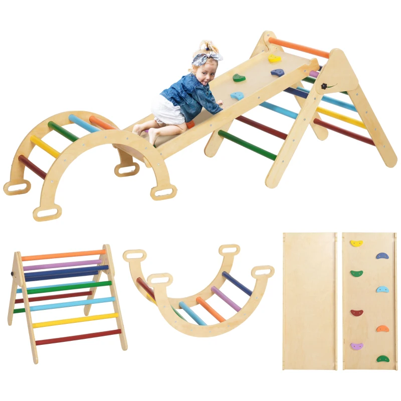 Qaba 5 in 1 Wooden Pikler Triangle Set for 18-48 months, Multicolor