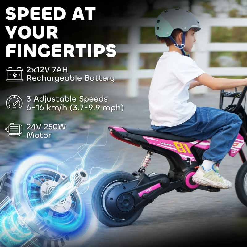 Qaba 24V Kids Motorcycle, Electric Dirt Bike with 250W Motor, Up to 9.9 MPH, 12" Inflatable Tires and Rear Suspension, Pink