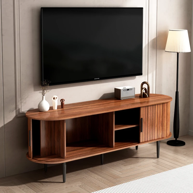 55" Modern TV Stand with Storage Compartment and Sliding Door, Gaming Entertainment Center with Cabinet, 55" L x 16" W x 21.5" H, Walnut