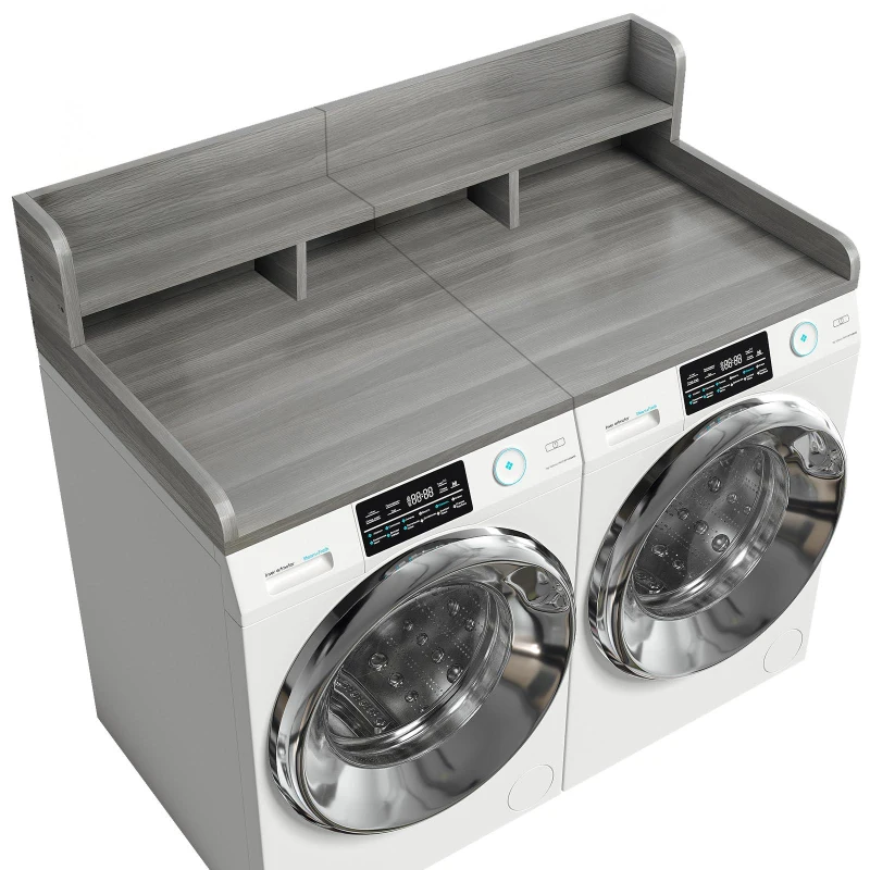 Practical Washer Dryer Countertop with Non-slip Pads, Wood Shelf Topper with Edge, Double Layer Organizer, 54" L x 27.5" W x 12" H, Gray+White
