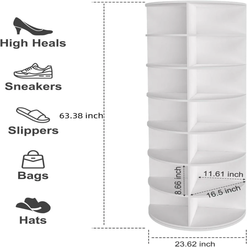 7-Tier Rotating Shoe Rack Tower with Sturdy Construction, 360-Degree Shoe Display with 28-Pair Capacity, 23.5" L x 23.5" W x 63.5" H, White