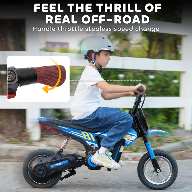 Qaba 24V Kids Motorcycle, Electric Dirt Bike with 250W Motor, Up to 9.9 MPH, 12" Inflatable Tires and Rear Suspension, Blue