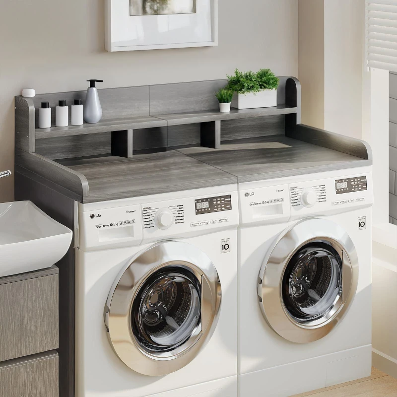 Practical Washer Dryer Countertop with Non-slip Pads, Wood Shelf Topper with Edge, Double Layer Organizer, 54" L x 27.5" W x 12" H, Gray+White