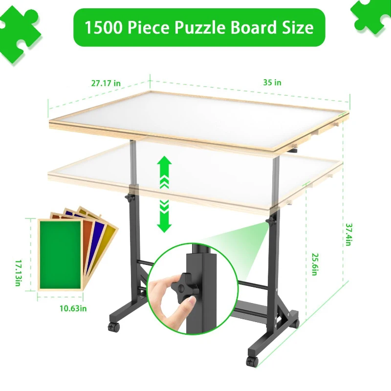 Wooden 1500 Piece Puzzle Table with Drawer, Adjustable Height, Rolling Puzzle Table with Wheels, 35" L x 27" W x 37.5" H, Black+Natural