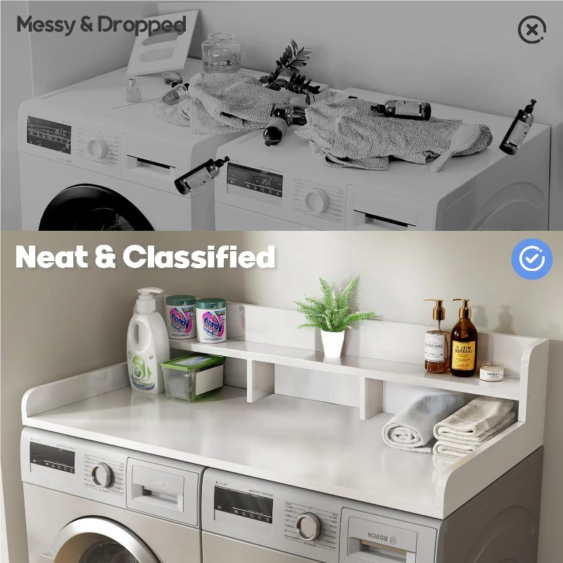 Washer Dryer Countertop with Non-slip Pads, Ample Workspace, Double Layer Wood Shelf Topper with Edge, 54″ L x 27.5″ W x 12″ H, White
