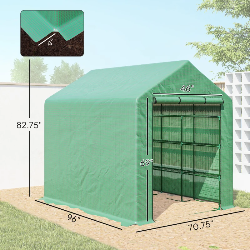 Outsunny Outdoor Walk-in Greenhouse with Roll-up Zipper Door, 18 Shelves, PE Cover, 95.25" x 70.75" x 82.75", Green