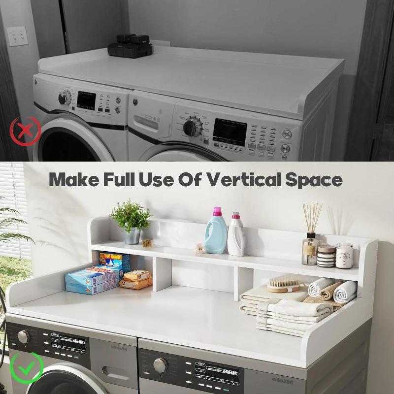 Washer Dryer Countertop with Non-slip Pads, Ample Workspace, Double Layer Wood Shelf Topper with Edge, 54″ L x 27.5″ W x 12″ H, White