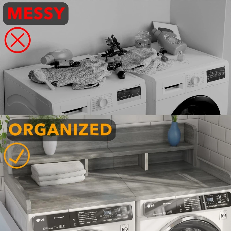 Practical Washer Dryer Countertop with Non-slip Pads, Wood Shelf Topper with Edge, Double Layer Organizer, 54" L x 27.5" W x 12" H, Gray+White