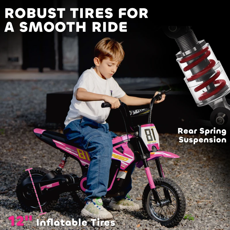 Qaba 24V Kids Motorcycle, Electric Dirt Bike with 250W Motor, Up to 9.9 MPH, 12" Inflatable Tires and Rear Suspension, Pink