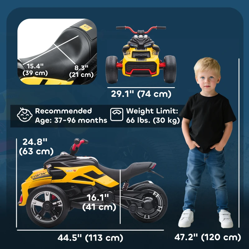 Qaba 12V Kids Ride On ATV with MP3 Player, Music, Horn, 2 Speeds, LED Lights, Gift for Boys & Girls, Yellow