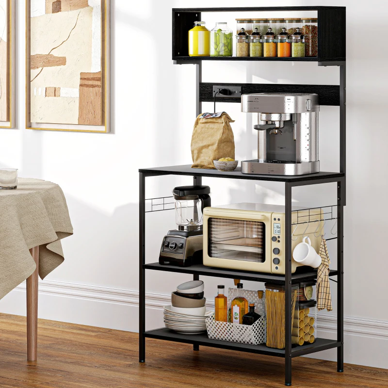 HOMCOM Baker's Rack with Charing Station, Microwave Shelf with Power Outlet, USB Charger and 5 Hooks, Black