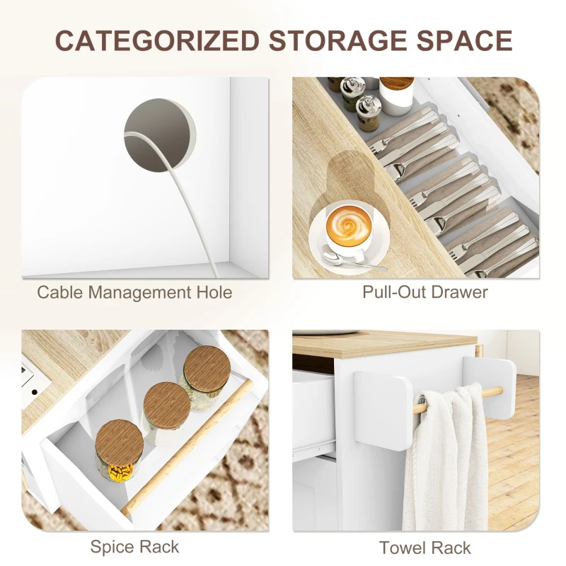 HOMCOM Kitchen Island with Storage, Rolling Kitchen Cart with Foldable Drop Leaf, Power Outlet and USB Ports, White